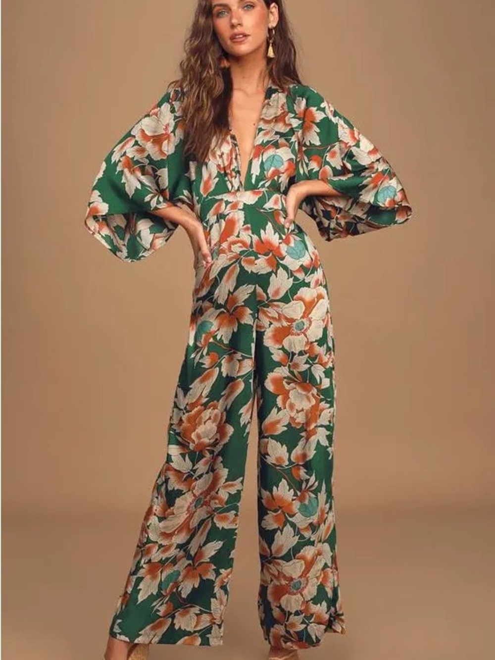 Lulu's Green Floral Wide-Leg Jumpsuit
